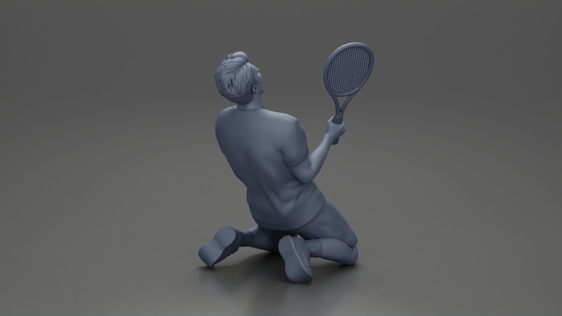 tennis player holding racket sits in celebration of his victory 3D print model_9