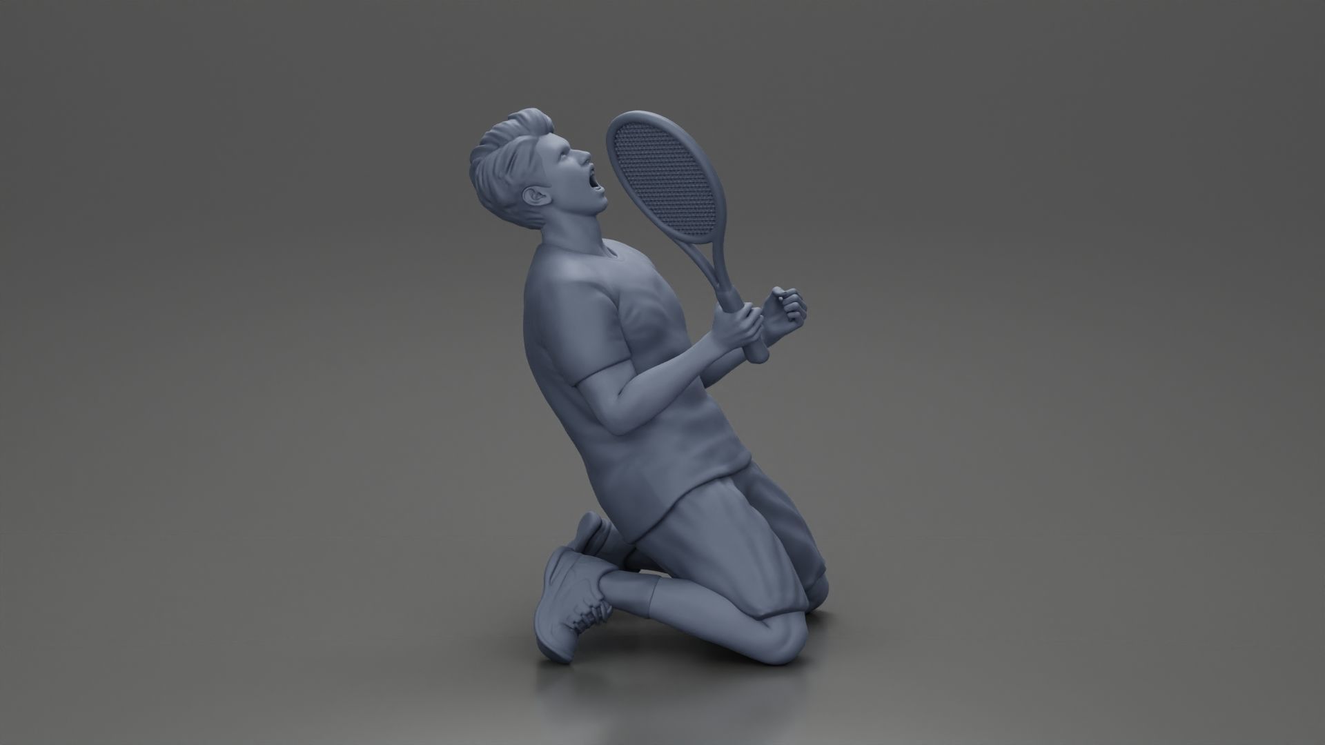 tennis player holding racket sits in celebration of his victory 3D print model_8