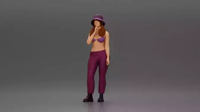 beautiful girl in pants and a hat thinking