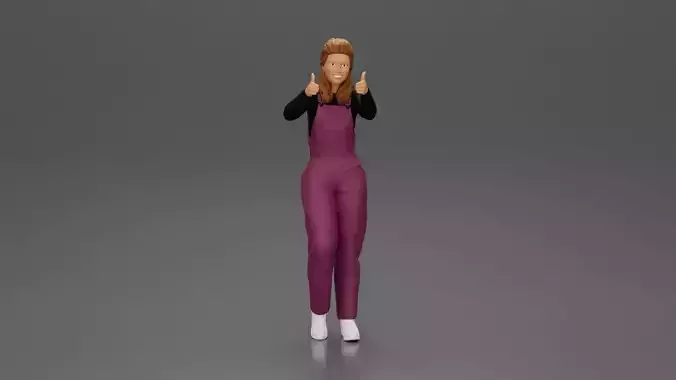 Smiling girl in overalls showing a thumbs up with both hands 3D print model