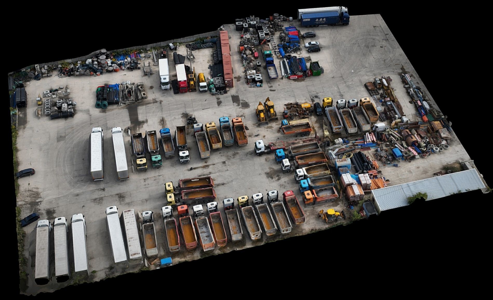 trucks vehicles warehouse storage terrain drone photogrammetry Low-poly 3D model_1