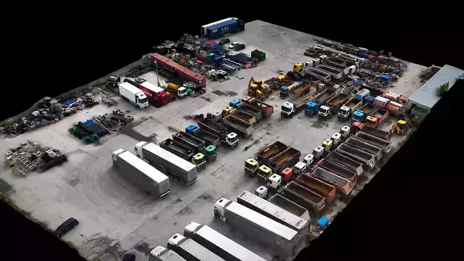 trucks vehicles warehouse storage terrain drone photogrammetry Low-poly 3D model
