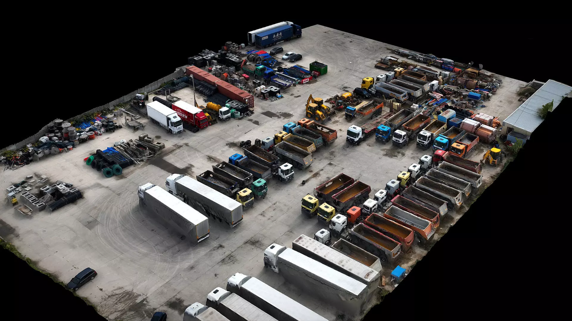 trucks vehicles warehouse storage terrain drone photogrammetry Low-poly 3D model_0