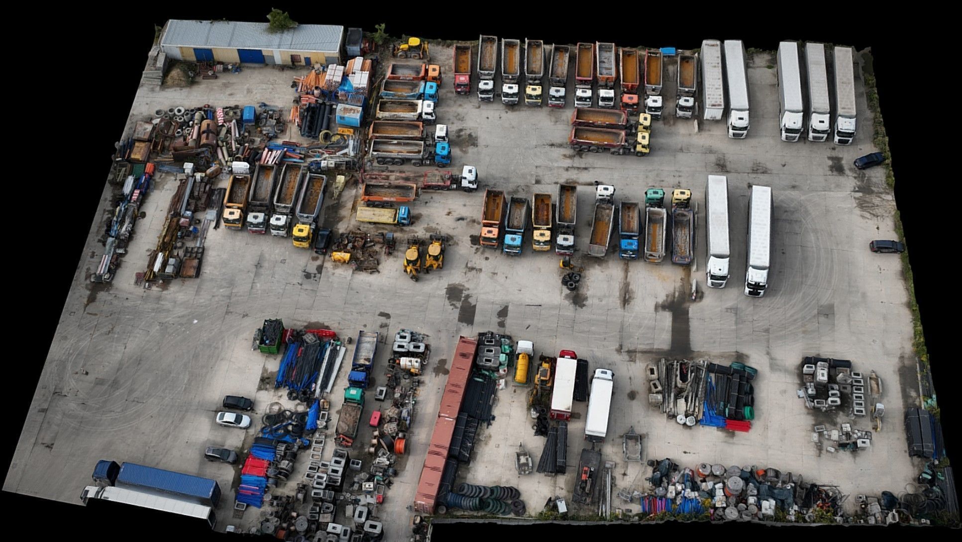 trucks vehicles warehouse storage terrain drone photogrammetry Low-poly 3D model_2