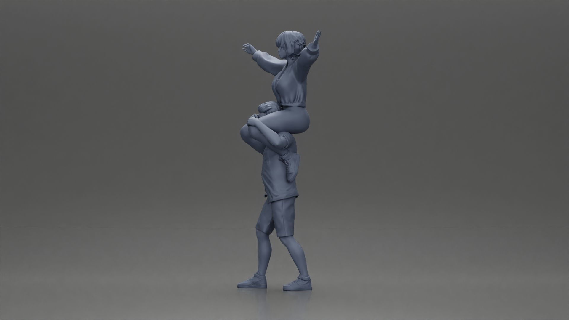 Man in shorts carrying girlfriend on shoulders 3D print model_13