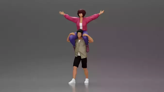 Man in shorts carrying girlfriend on shoulders