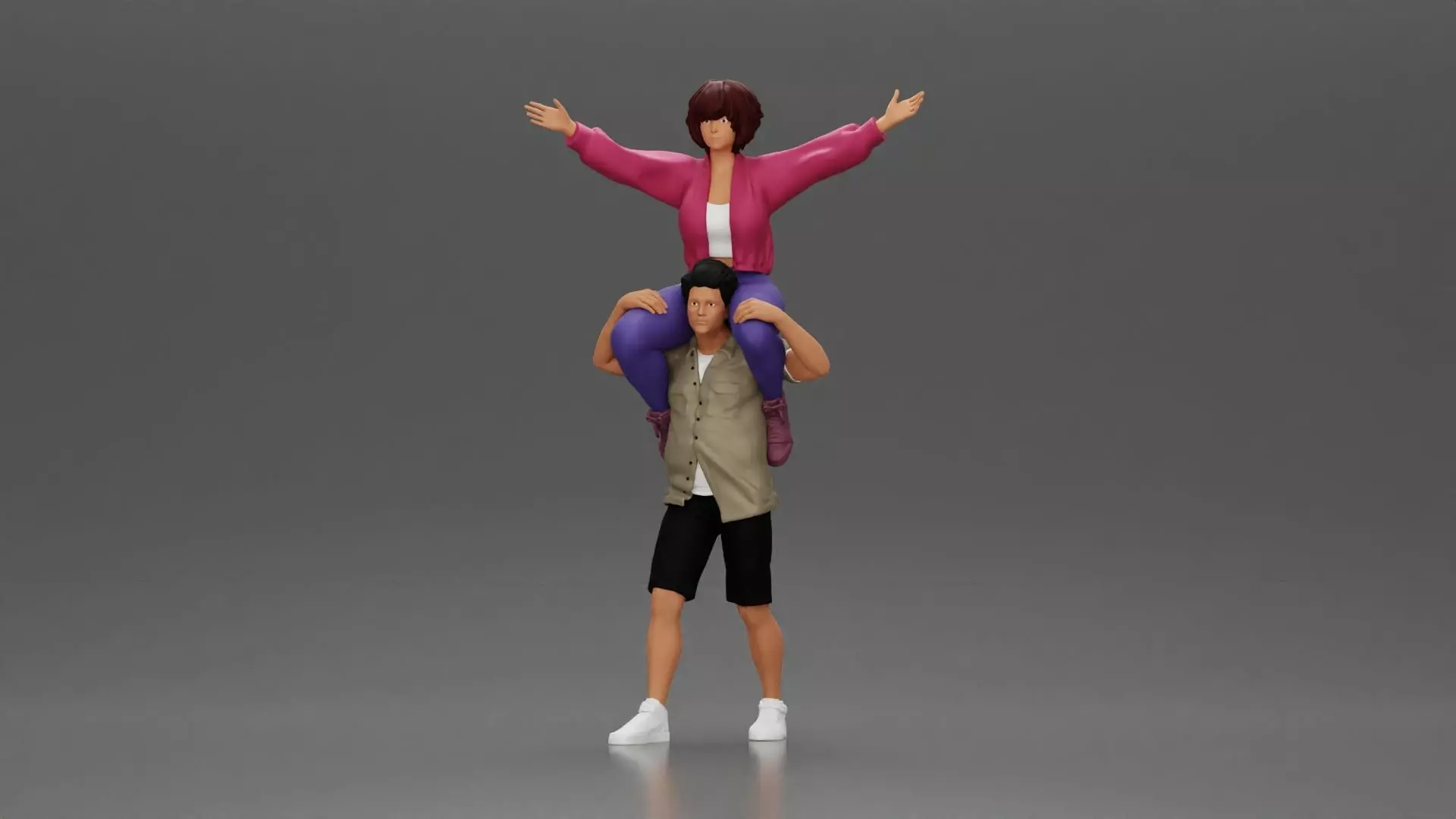 Man in shorts carrying girlfriend on shoulders 3D print model_0