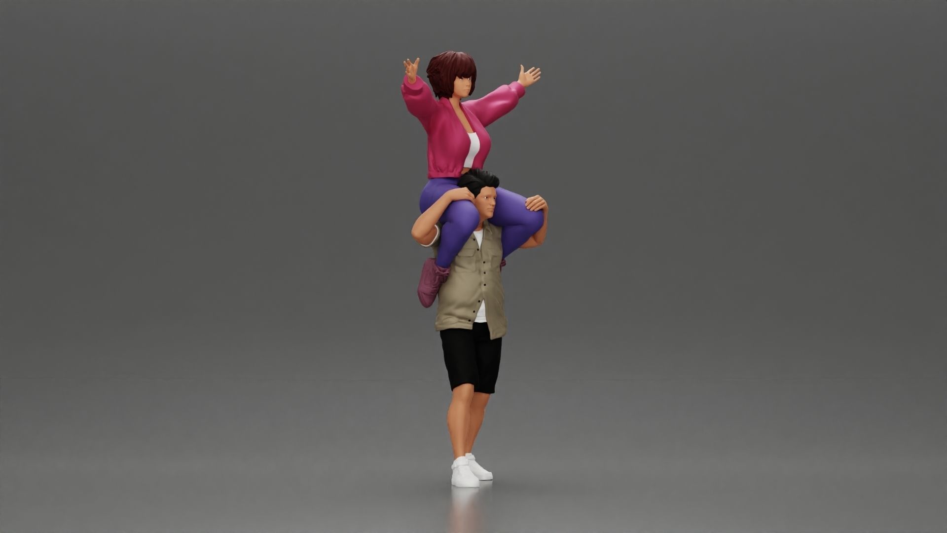 Man in shorts carrying girlfriend on shoulders 3D print model_3