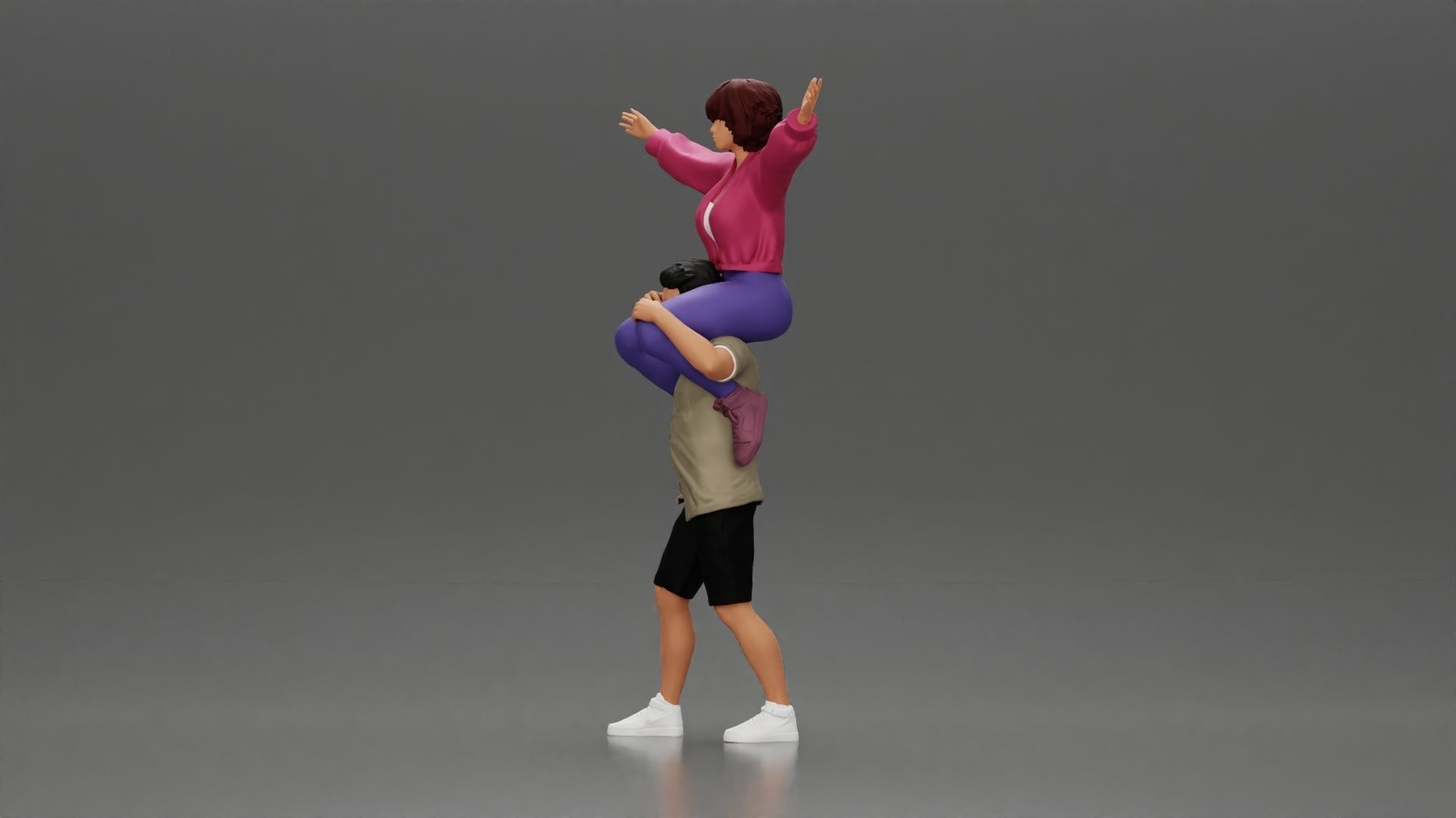Man in shorts carrying girlfriend on shoulders 3D print model_7