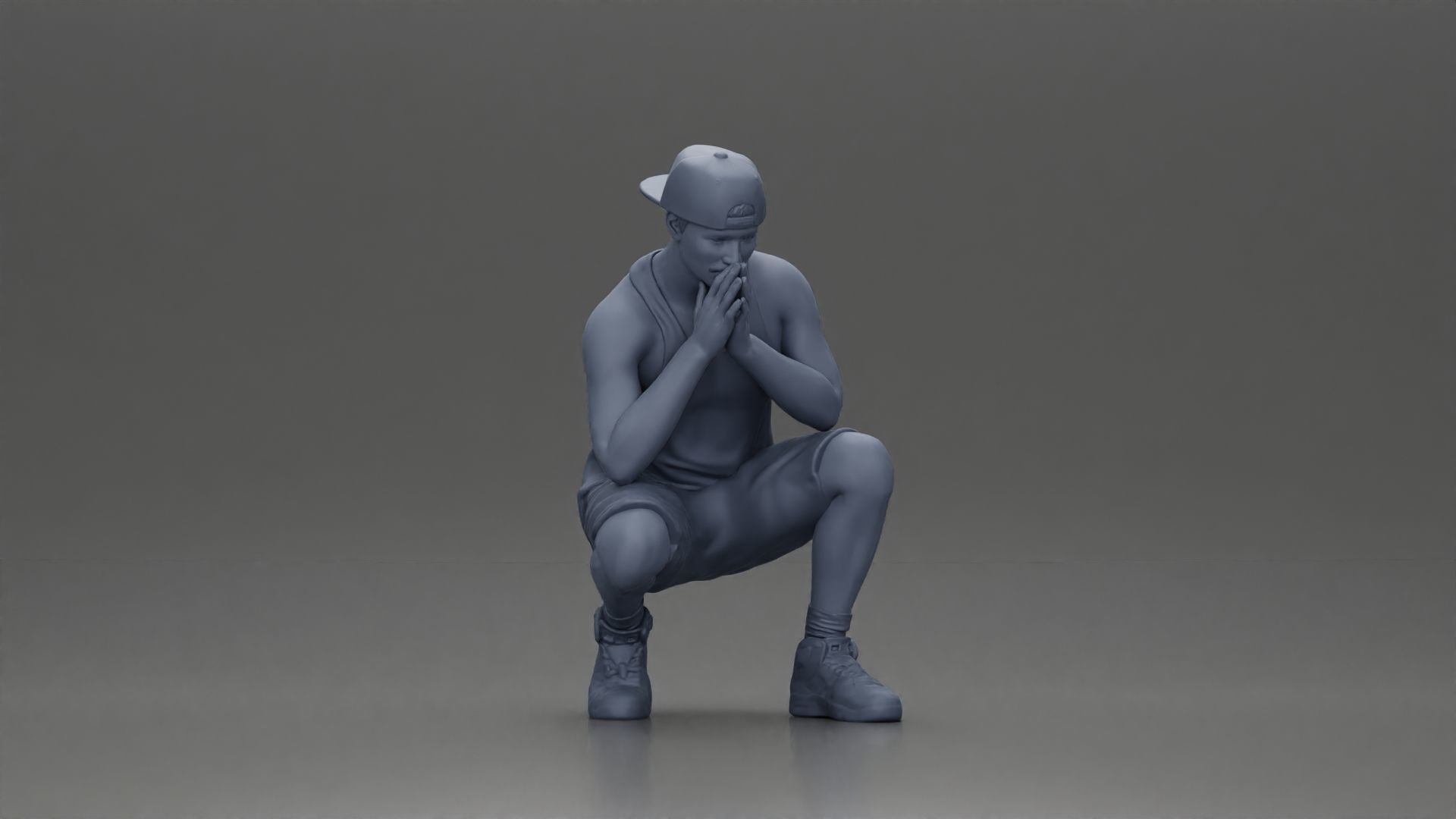 gangster man in shorts and a cap sitting and thinking 3D print model_7