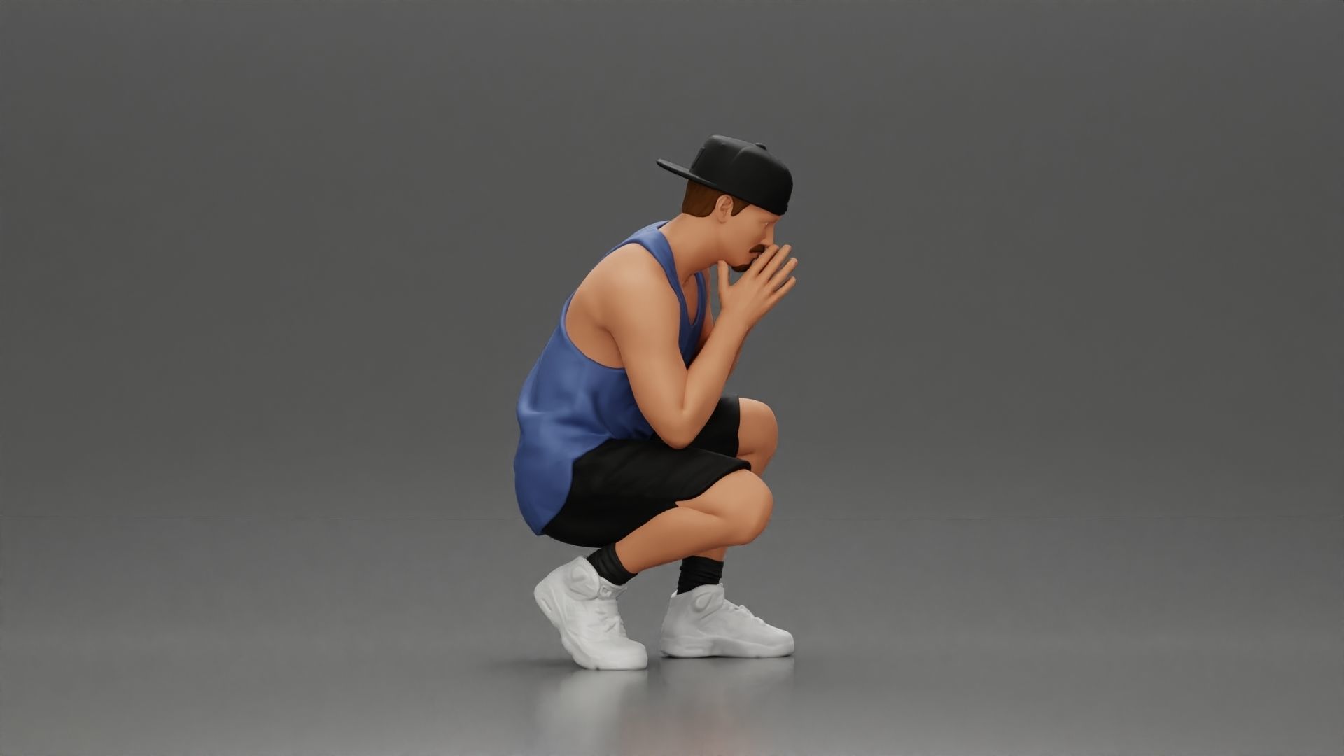 gangster man in shorts and a cap sitting and thinking 3D print model_2