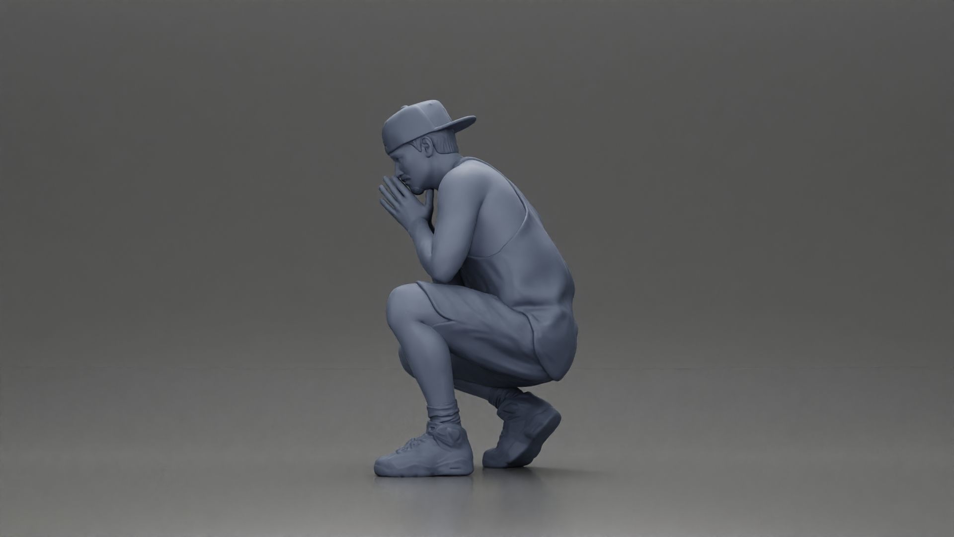 gangster man in shorts and a cap sitting and thinking 3D print model_11