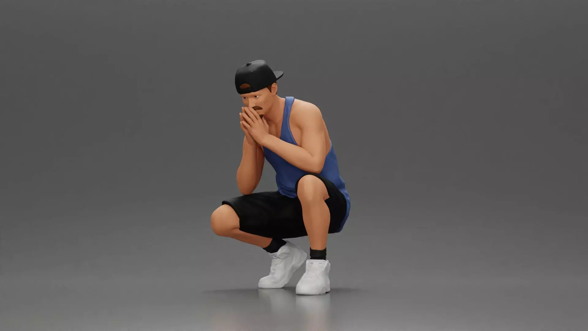 gangster man in shorts and a cap sitting and thinking 3D print model_0