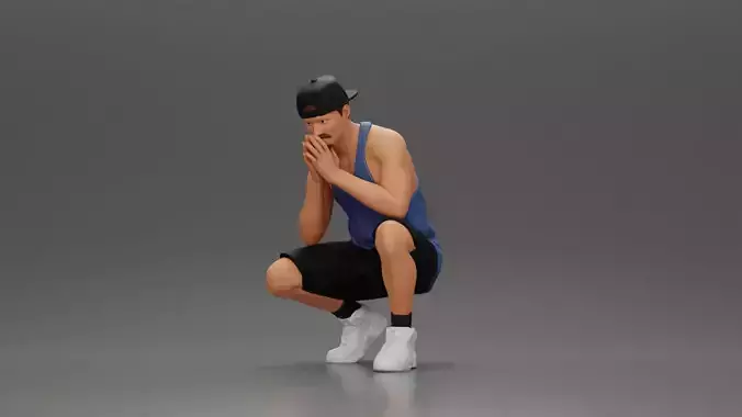 gangster man in shorts and a cap sitting and thinking