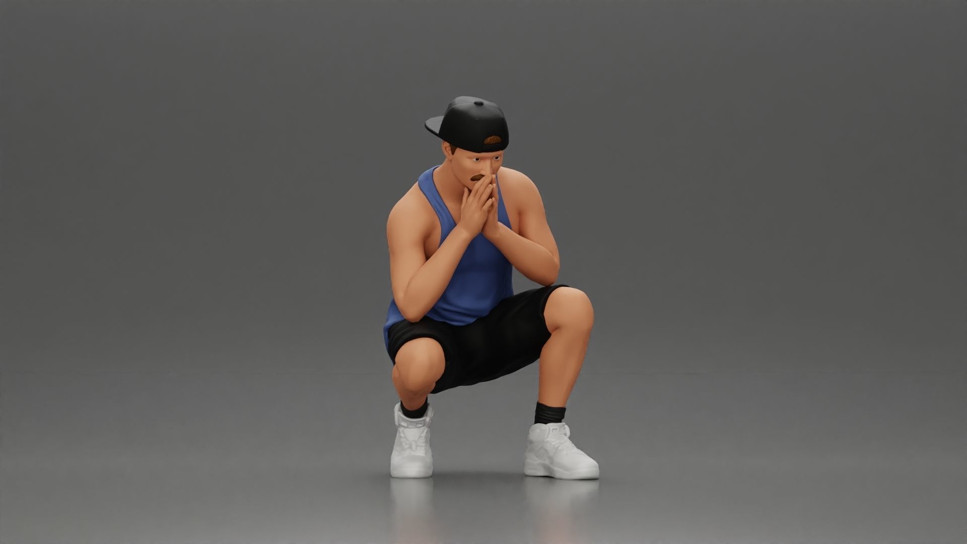 gangster man in shorts and a cap sitting and thinking 3D print model_1
