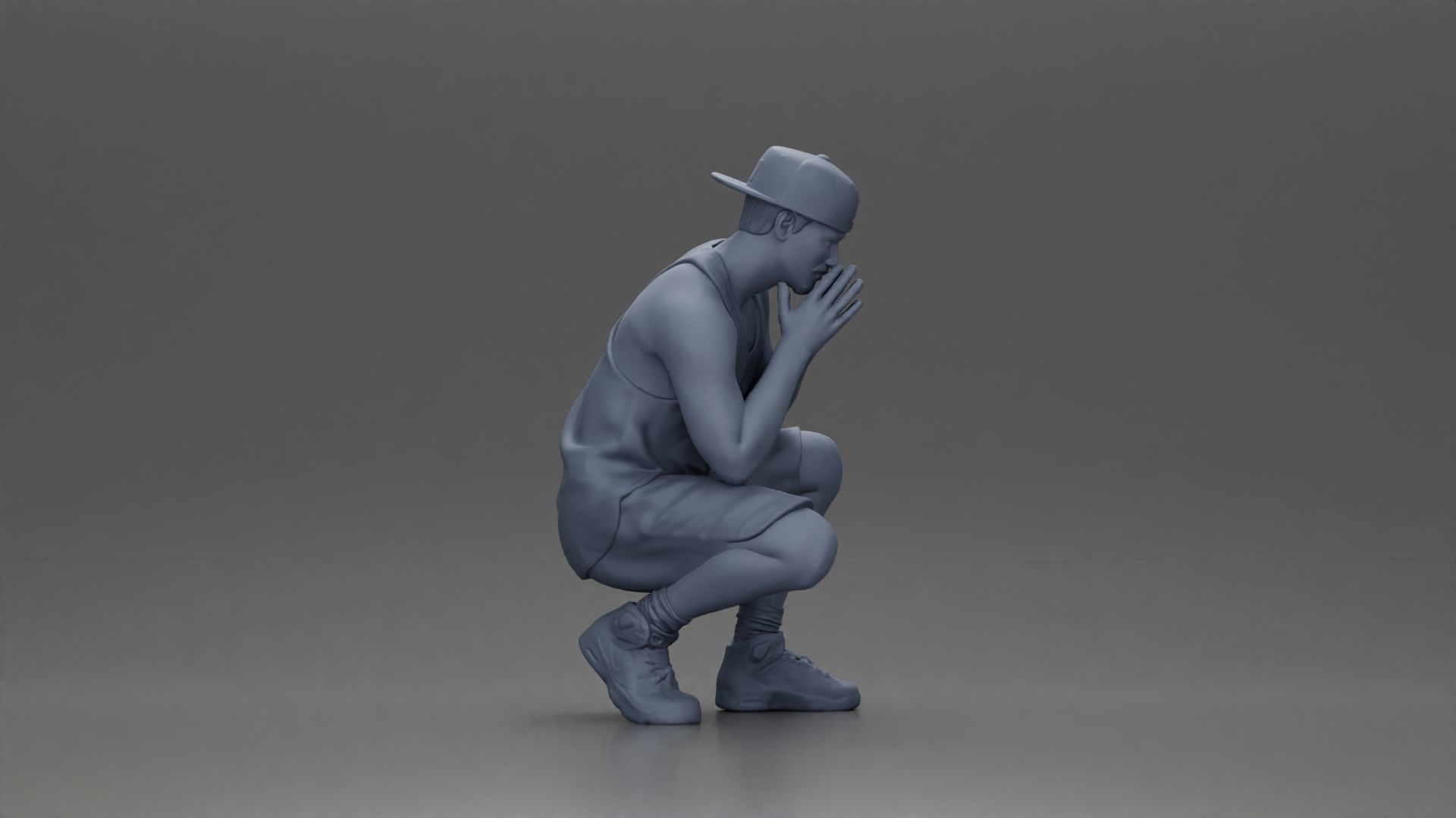 gangster man in shorts and a cap sitting and thinking 3D print model_8