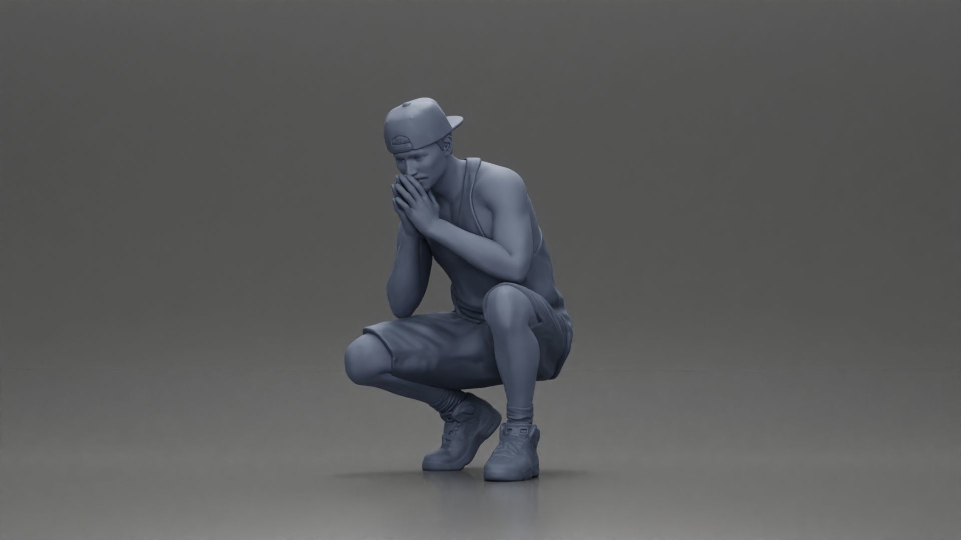 gangster man in shorts and a cap sitting and thinking 3D print model_6