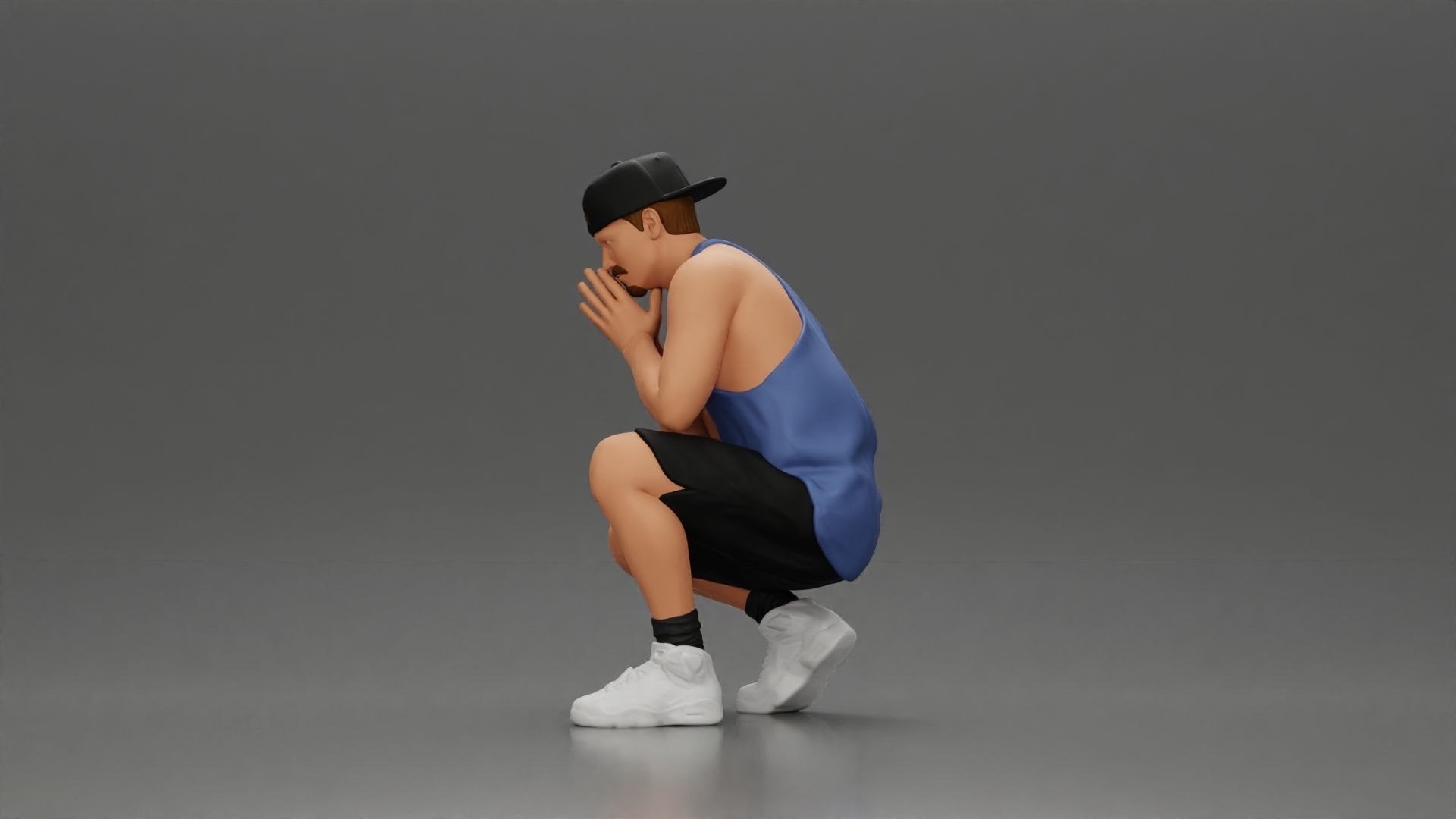 gangster man in shorts and a cap sitting and thinking 3D print model_5