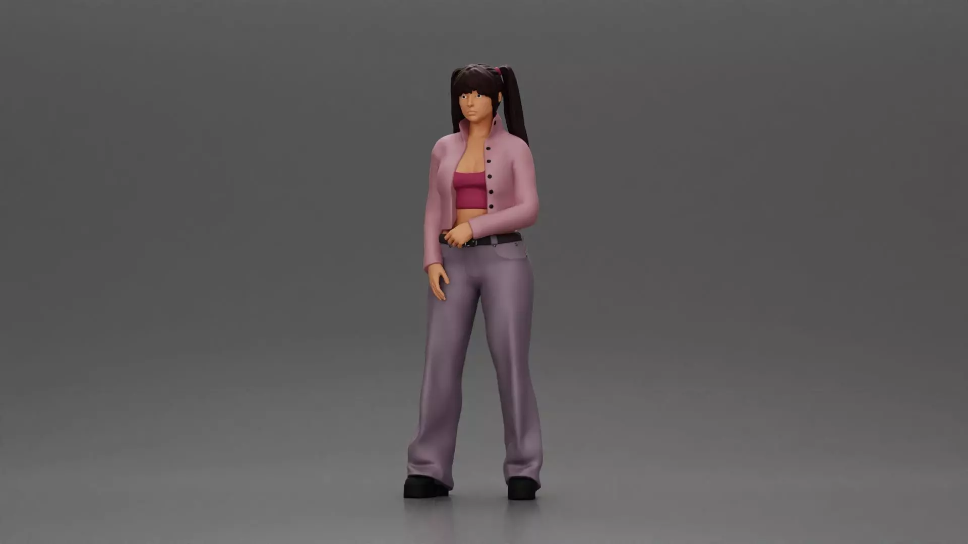 Chola girl with pigtails standing in jacket and flared pants 3D print model_0