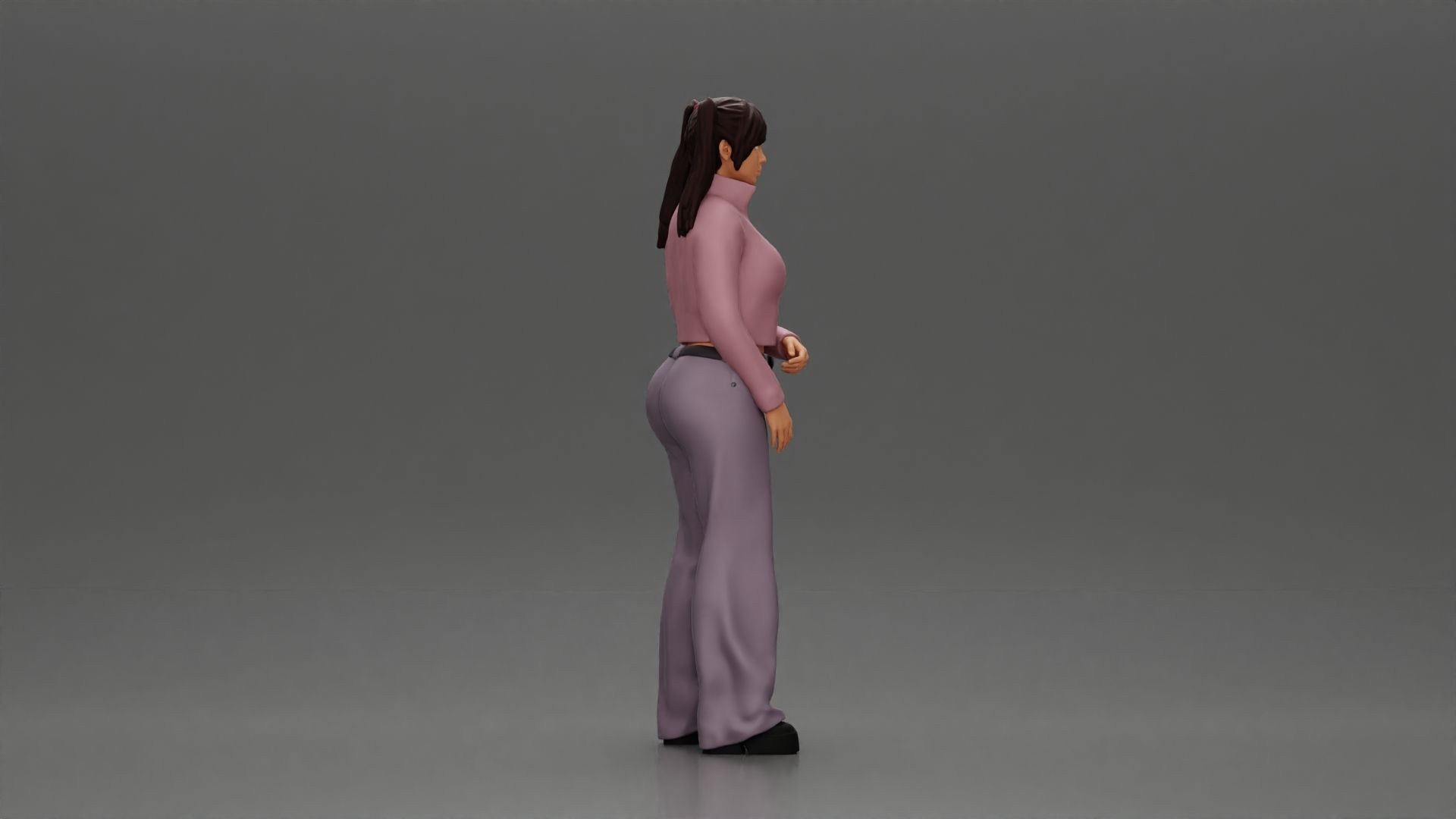 Chola girl with pigtails standing in jacket and flared pants 3D print model_2