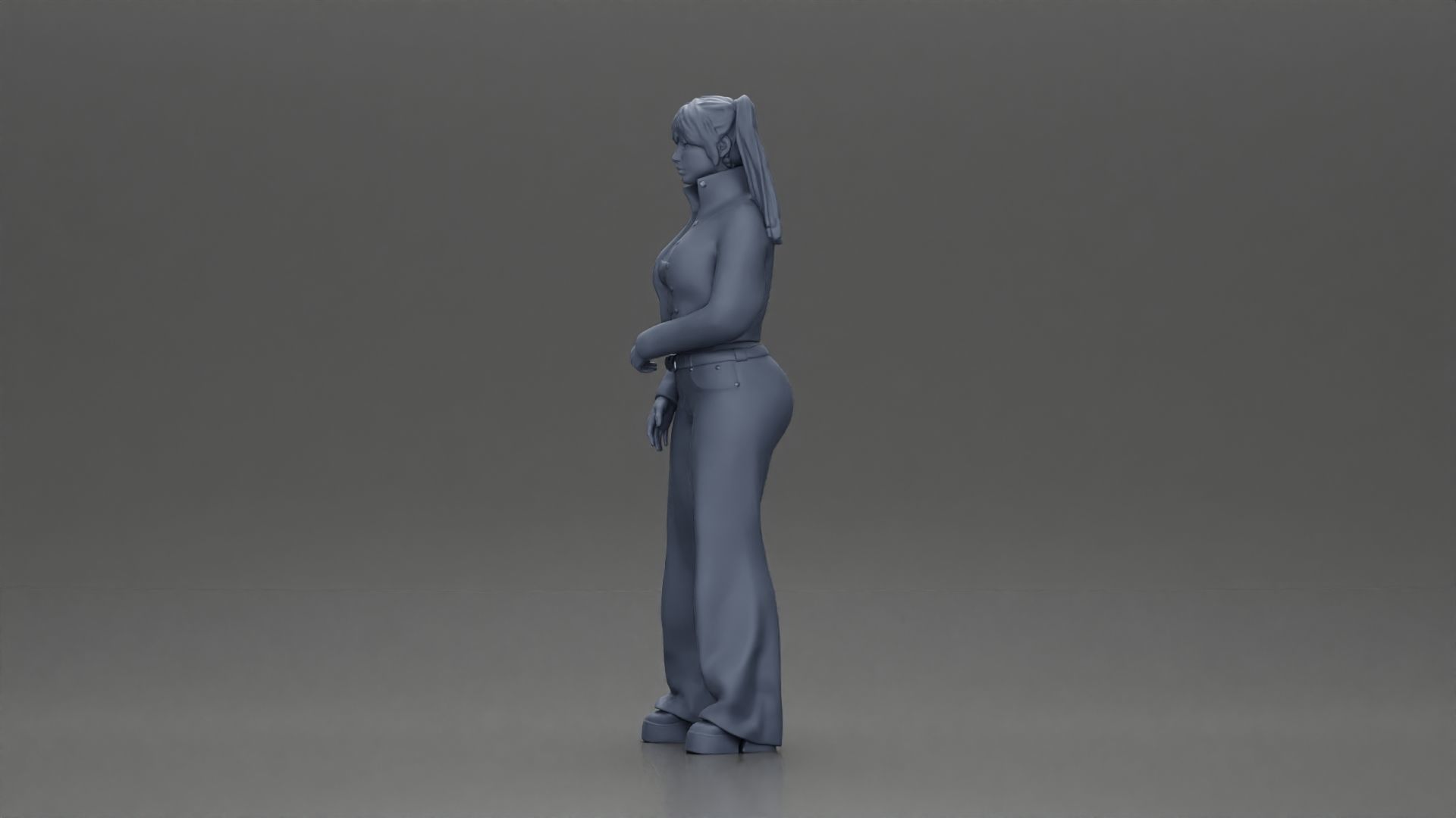 Chola girl with pigtails standing in jacket and flared pants 3D print model_11