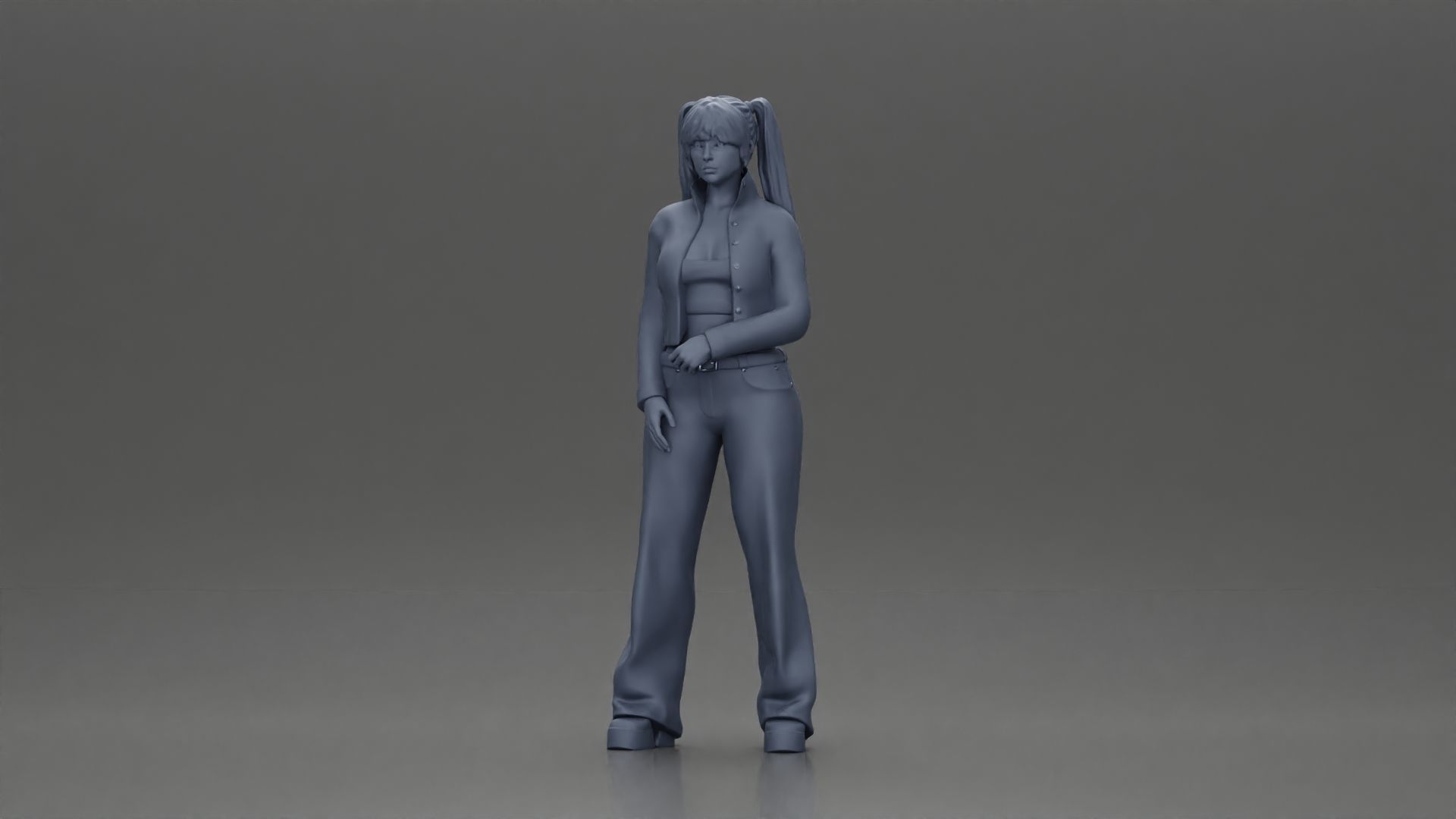 Chola girl with pigtails standing in jacket and flared pants 3D print model_6