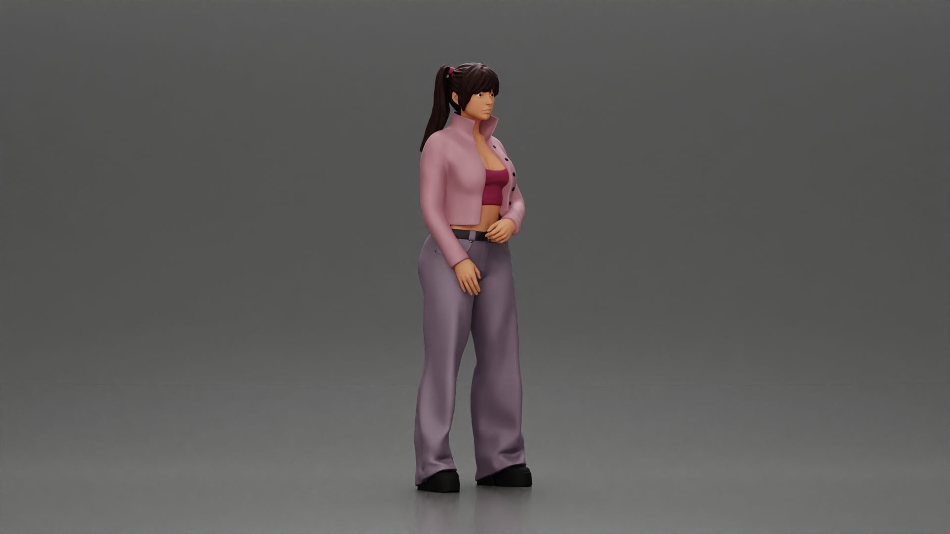 Chola girl with pigtails standing in jacket and flared pants 3D print model_1