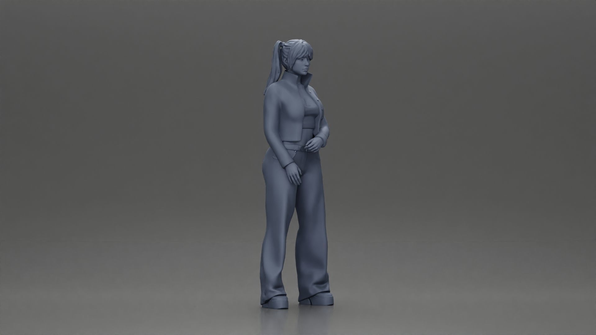 Chola girl with pigtails standing in jacket and flared pants 3D print model_7