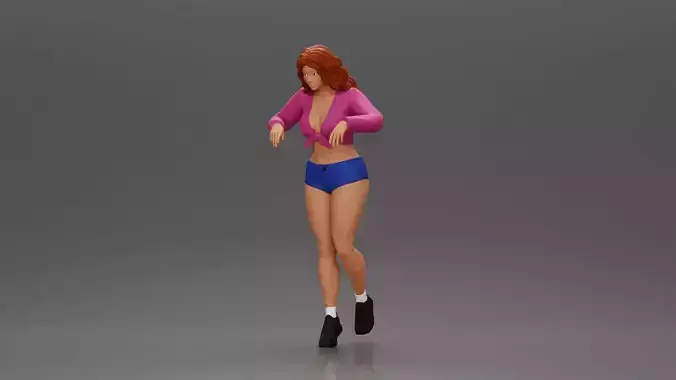 Girl in mini skirt shorts looking out over edge of the stairs