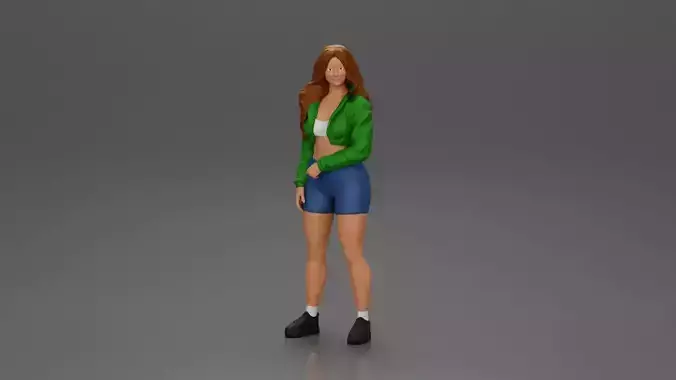 sporty happy girl standing in mini jacket short with long hair