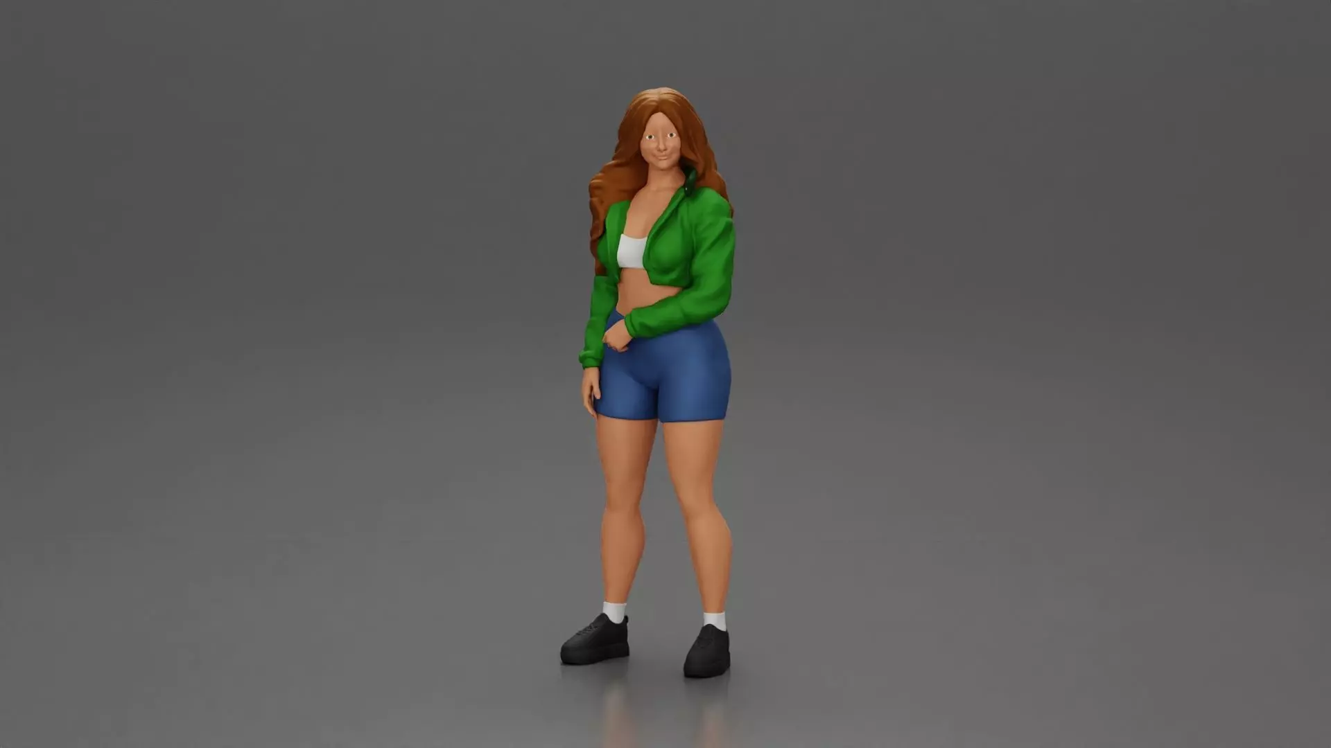 sporty happy girl standing in mini jacket short with long hair 3D print model