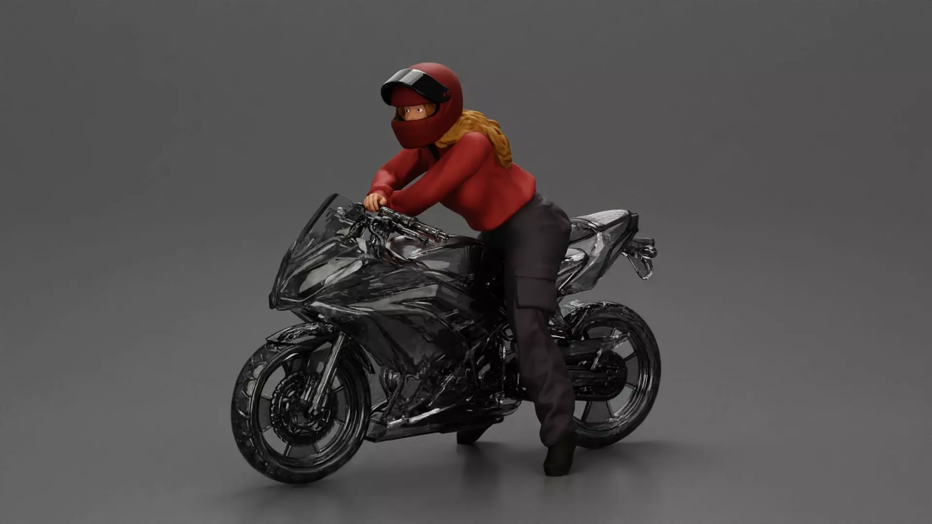 motorcyclist woman in helmet and hoodie sitting on motorcycle 3D print model
