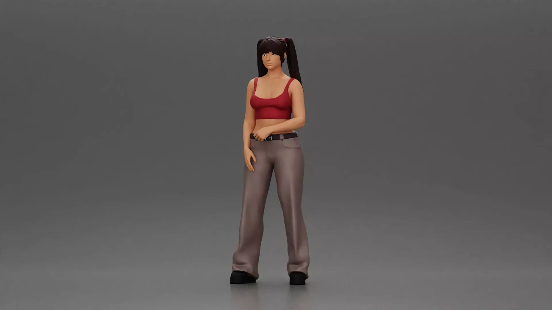 Chola girl with pigtails standing in flared pants 3D print model_0