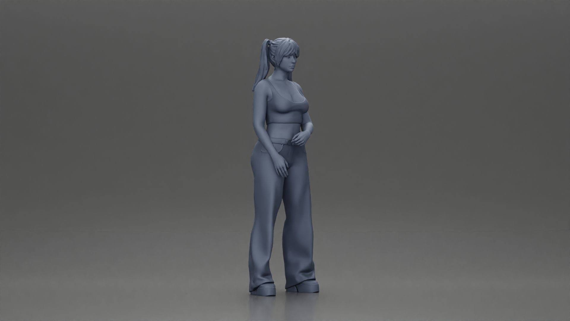 Chola girl with pigtails standing in flared pants 3D print model_7