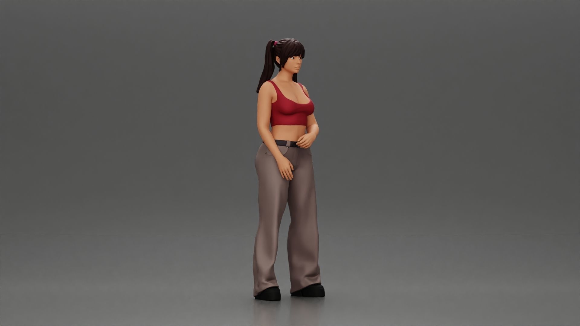 Chola girl with pigtails standing in flared pants 3D print model_1