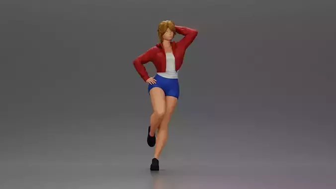 Sexy girl with short hair in mini jacket shorts leaning on a car