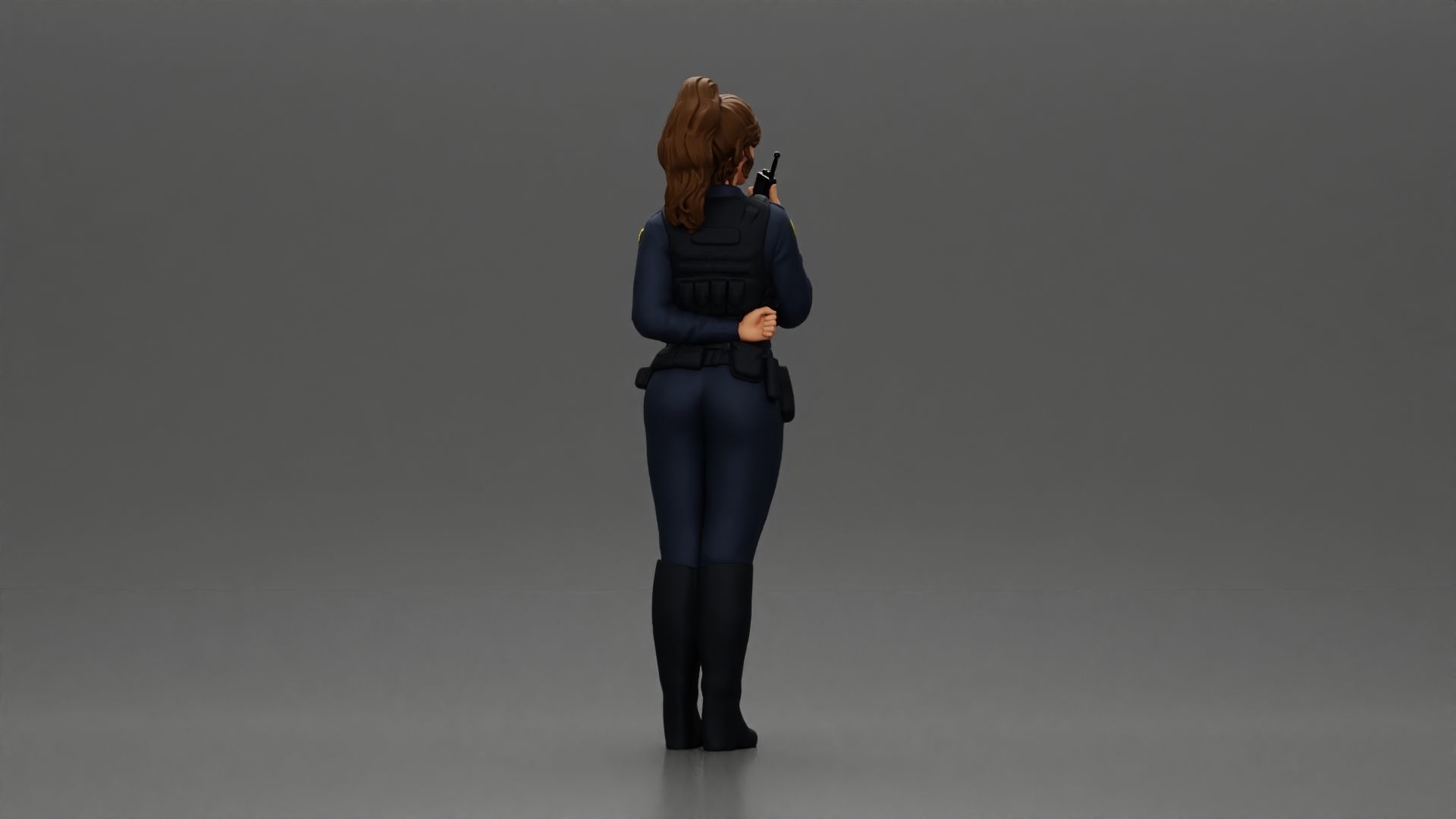 policewoman standing hand resting on back speaking into a radio 3D print model_2