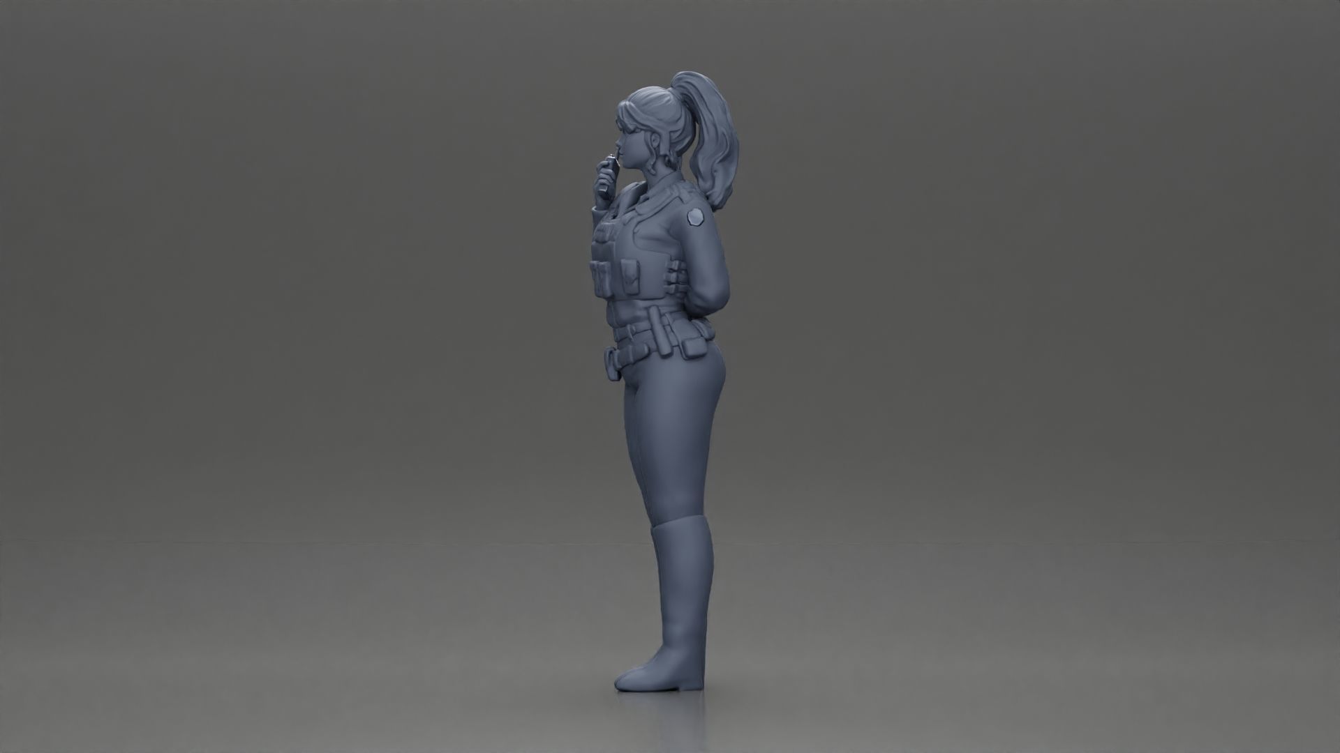 policewoman standing hand resting on back speaking into a radio 3D print model_11