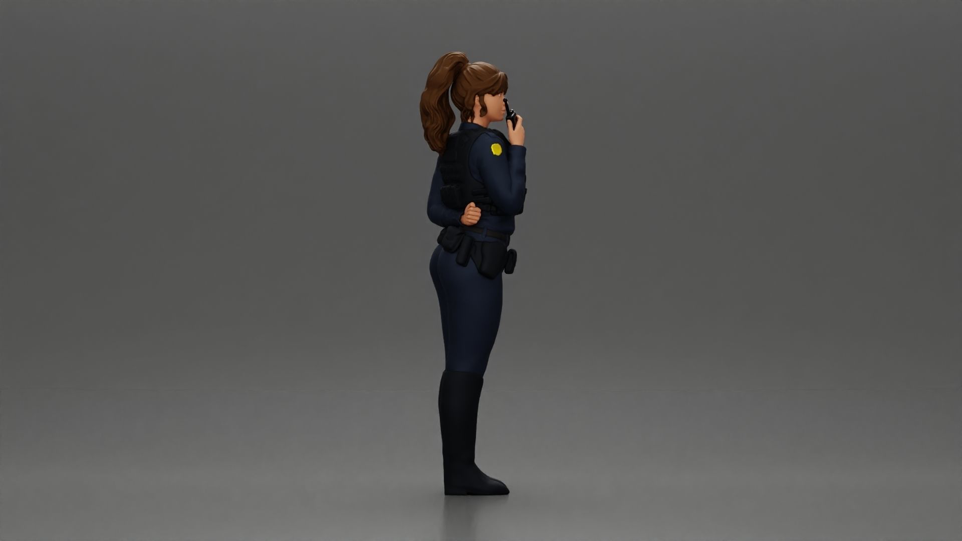 policewoman standing hand resting on back speaking into a radio 3D print model_1