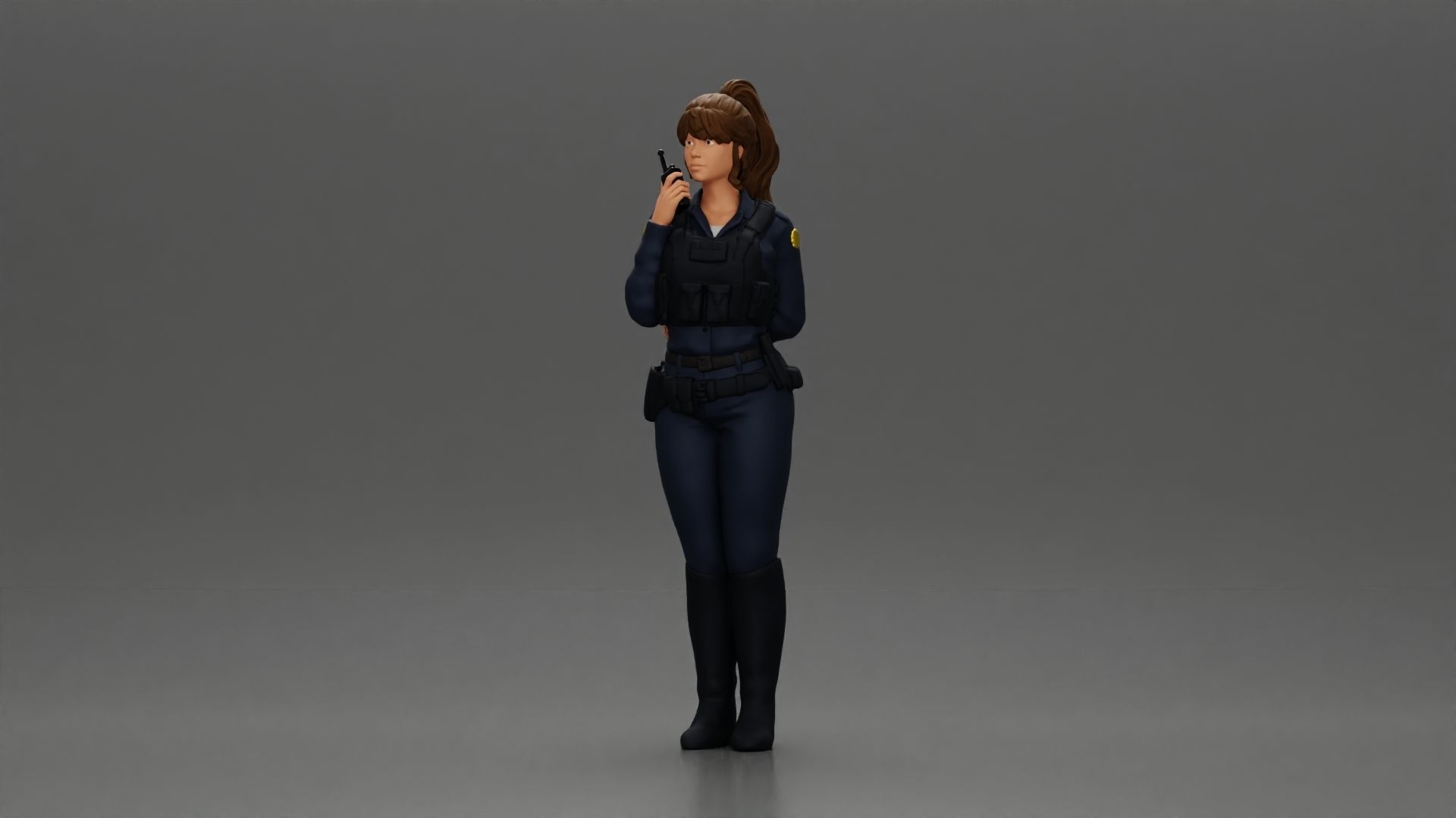 policewoman standing hand resting on back speaking into a radio 3D print model_5