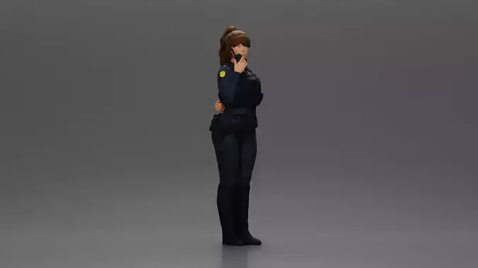 policewoman standing hand resting on back speaking into a radio