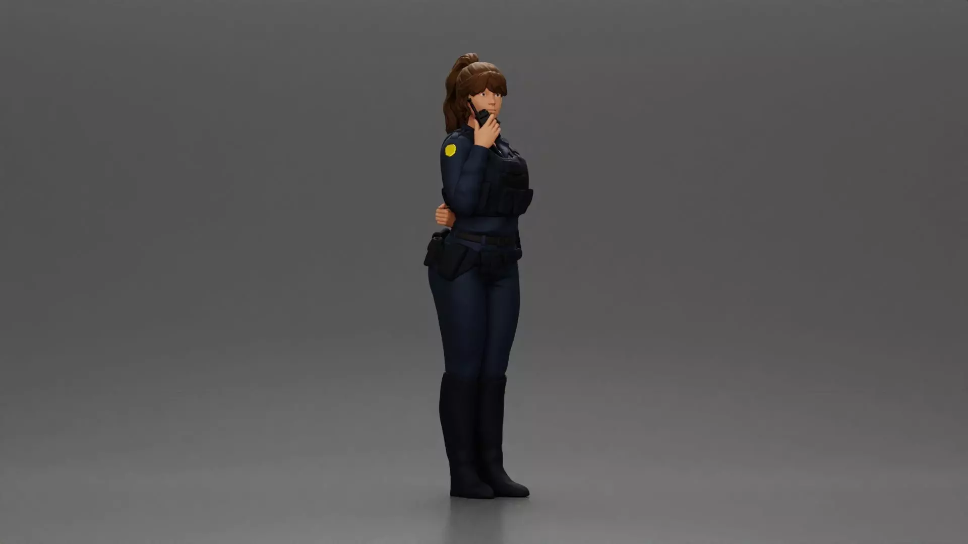 policewoman standing hand resting on back speaking into a radio 3D print model_0