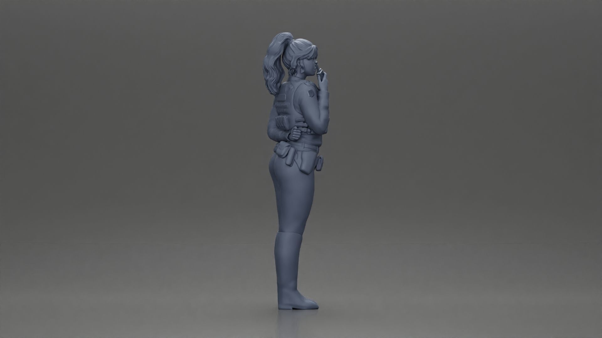 policewoman standing hand resting on back speaking into a radio 3D print model_8