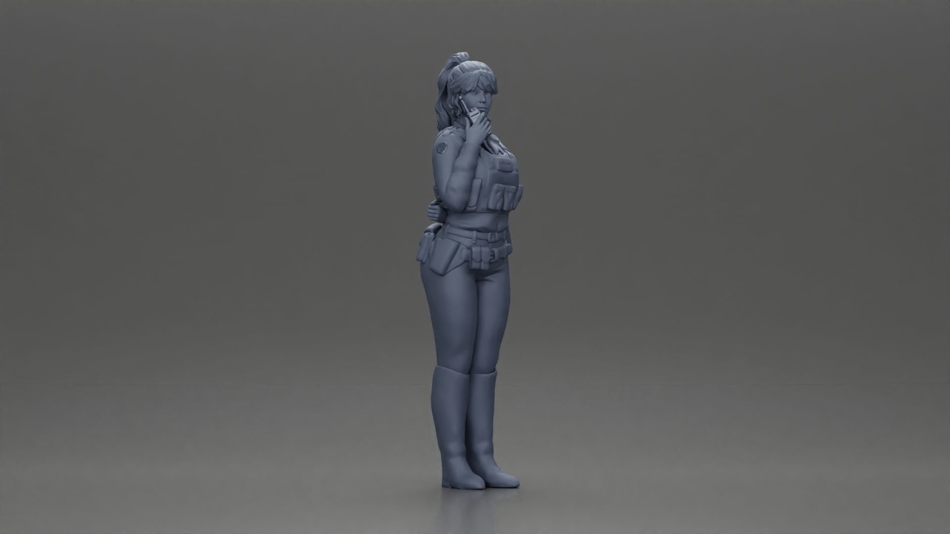 policewoman standing hand resting on back speaking into a radio 3D print model_7