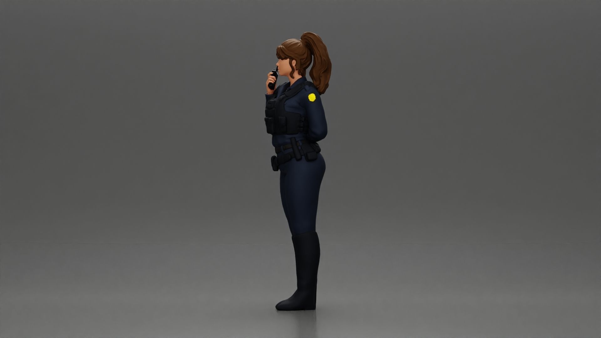 policewoman standing hand resting on back speaking into a radio 3D print model_4
