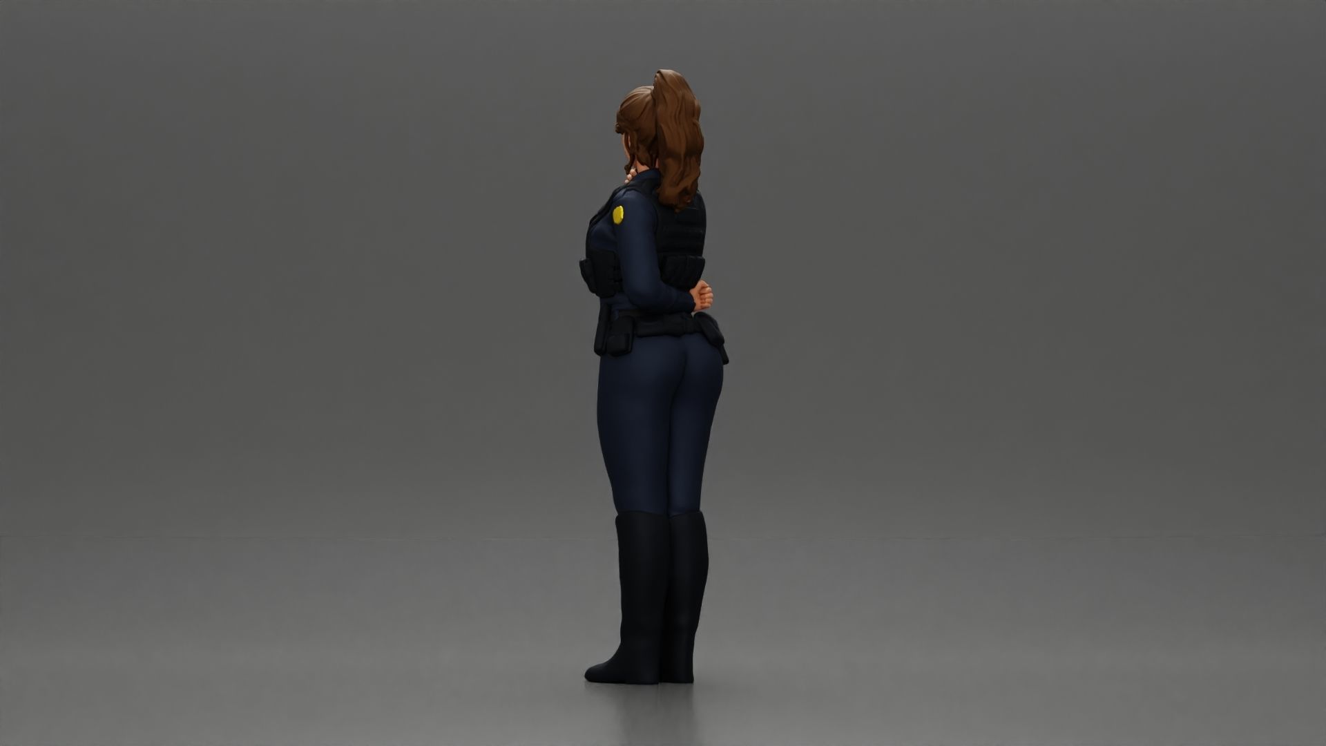 policewoman standing hand resting on back speaking into a radio 3D print model_3