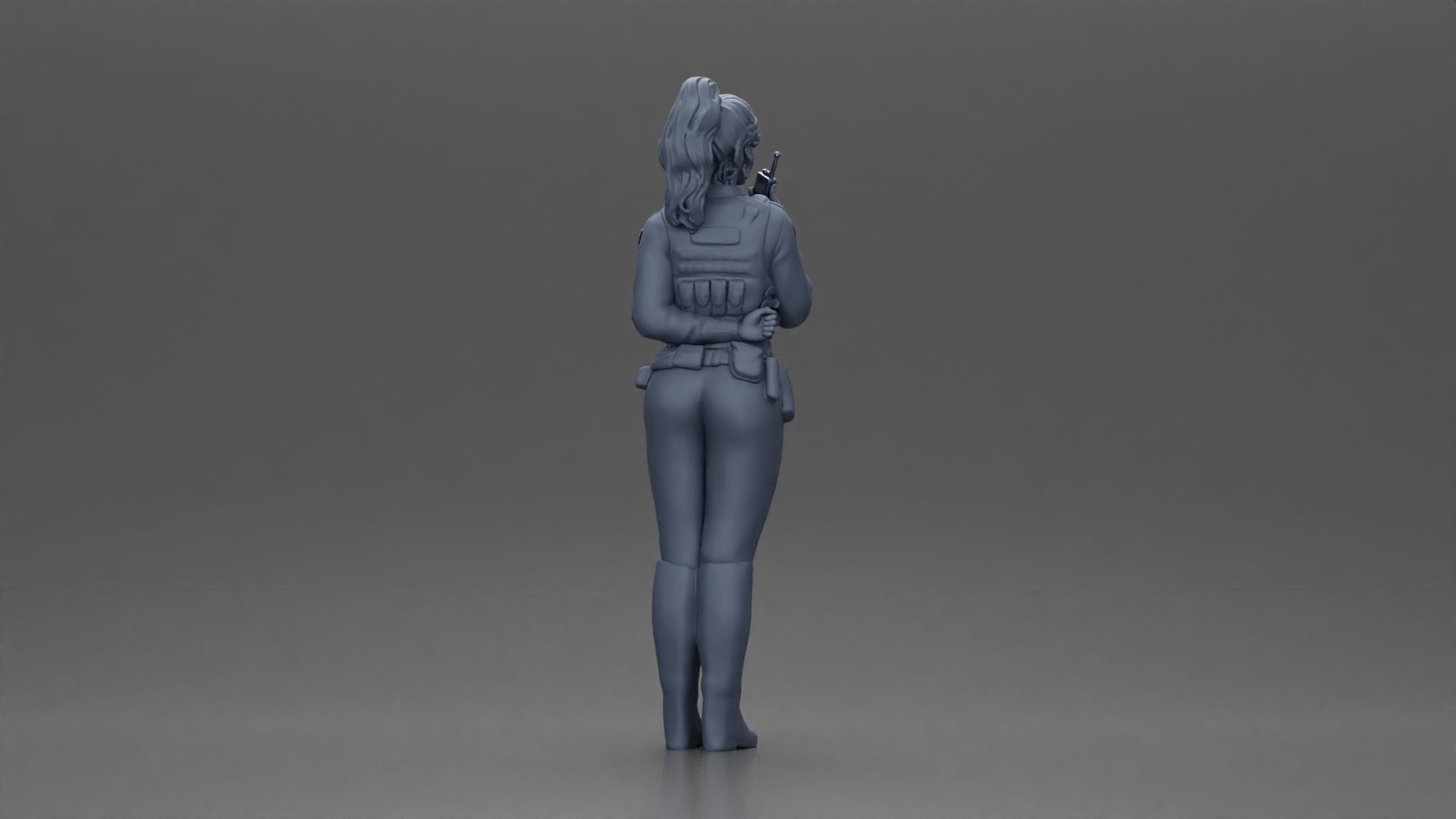 policewoman standing hand resting on back speaking into a radio 3D print model_9