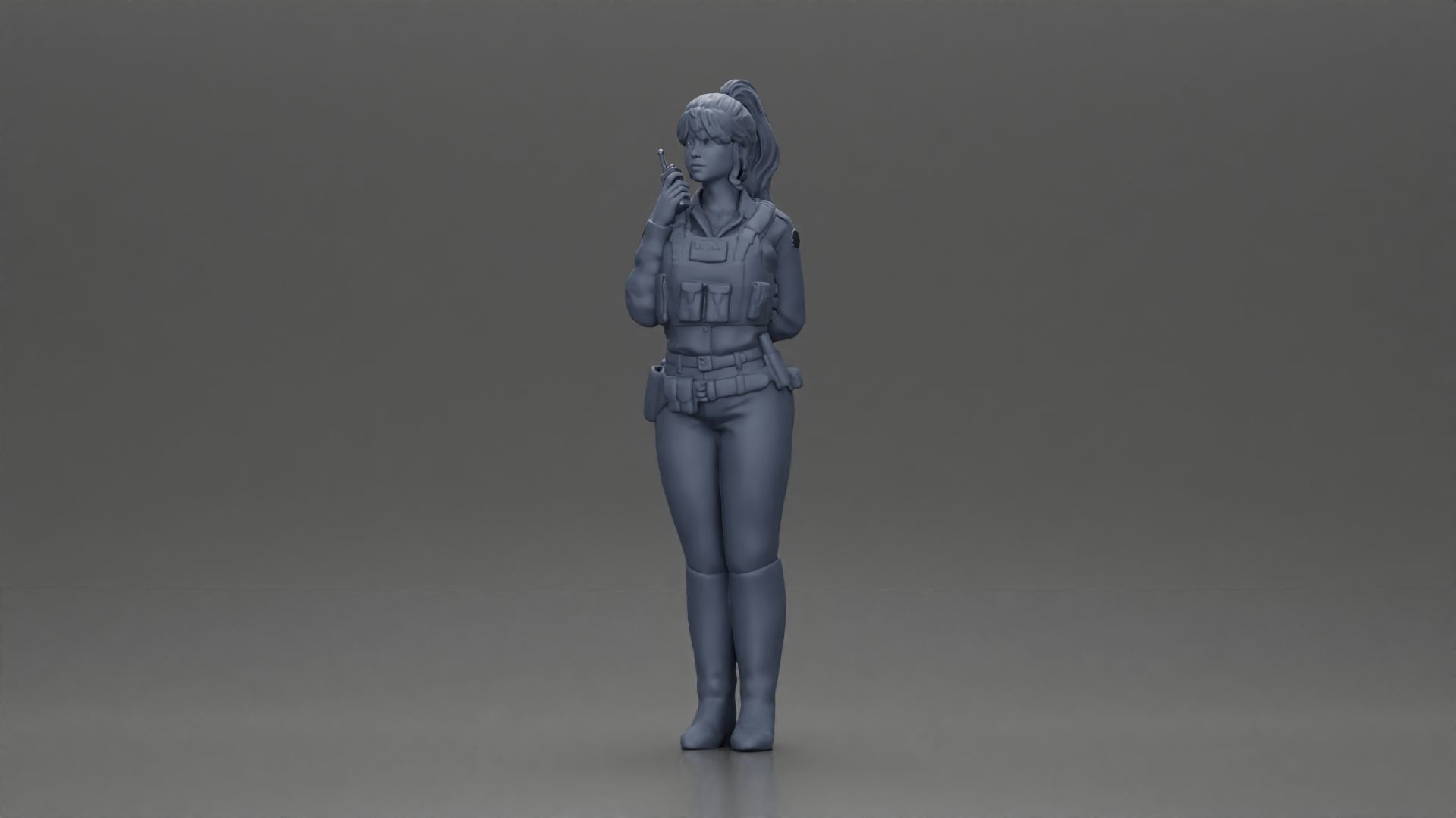 policewoman standing hand resting on back speaking into a radio 3D print model_6