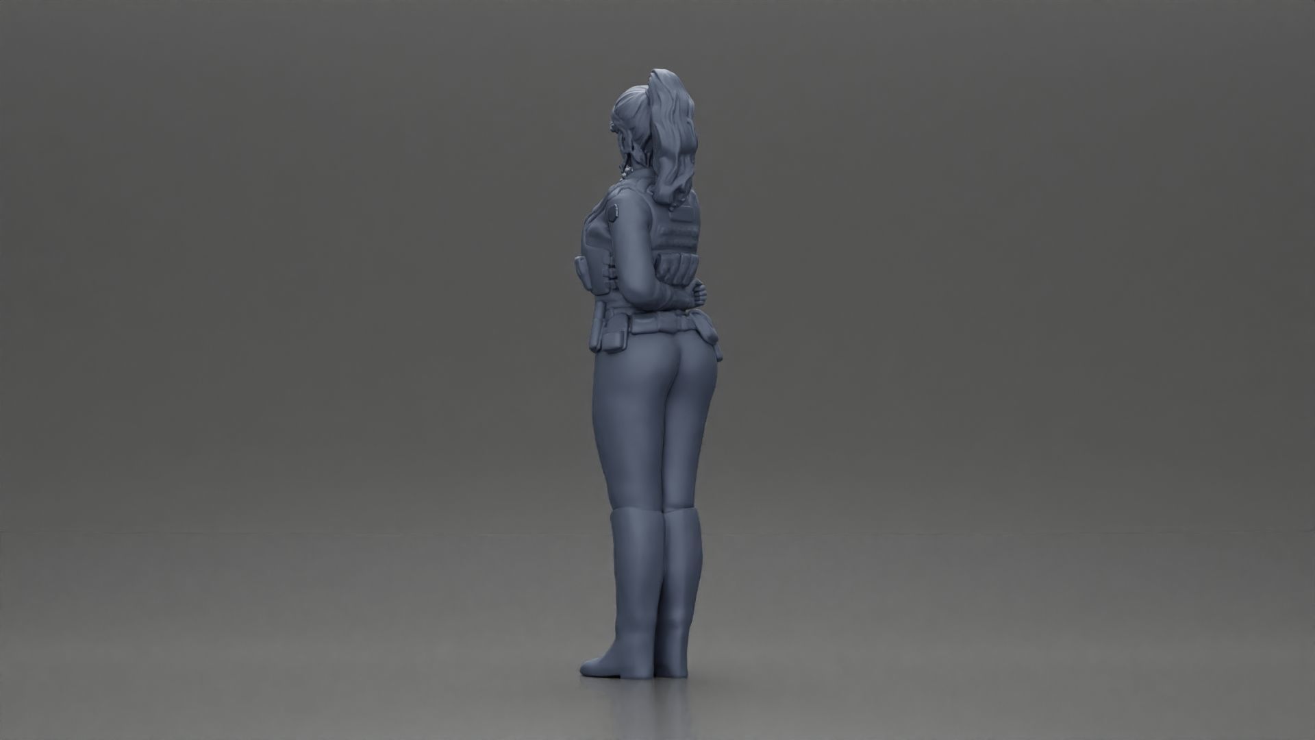 policewoman standing hand resting on back speaking into a radio 3D print model_10