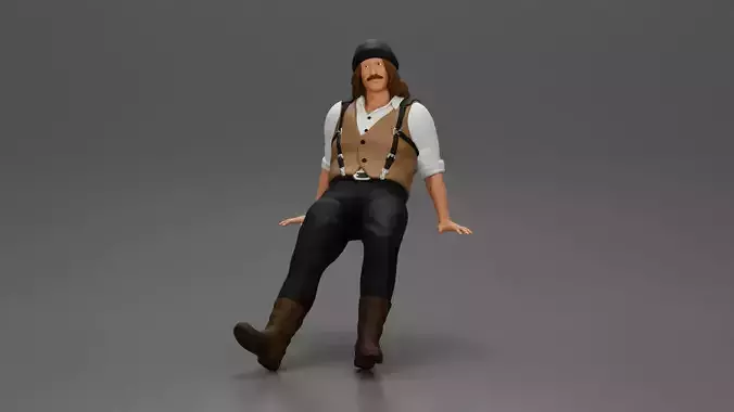 Man in Vintage Outfit and bonnet Seated in a Relaxed Pose 3D print model